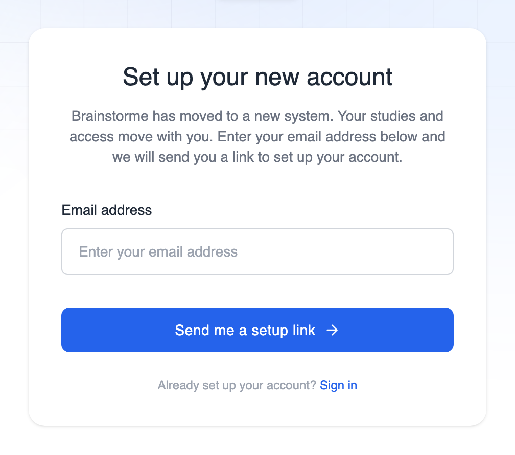 The account setup page, with a field for your email address