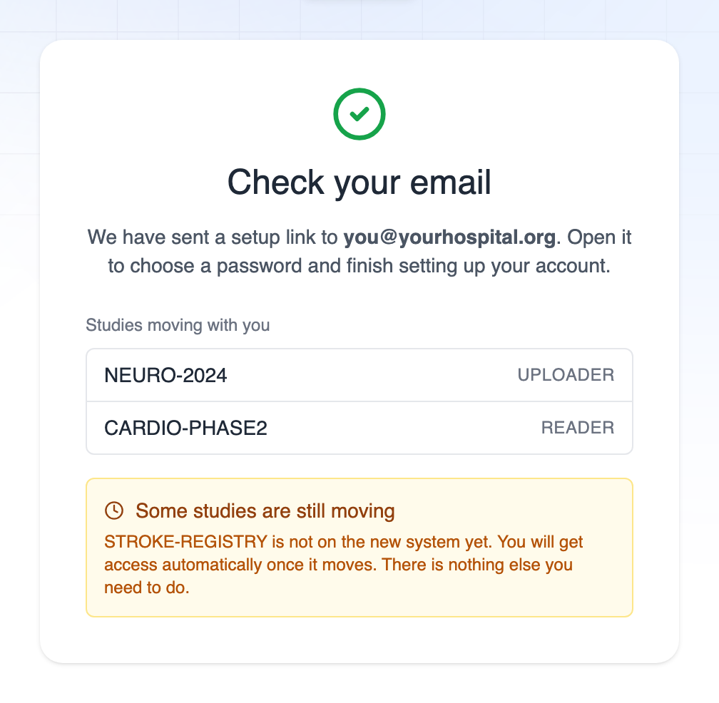 Confirmation that a setup link has been sent, listing the studies moving with you