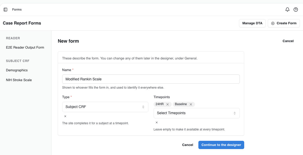 The New form page with Type set to Subject CRF and two timepoints selected