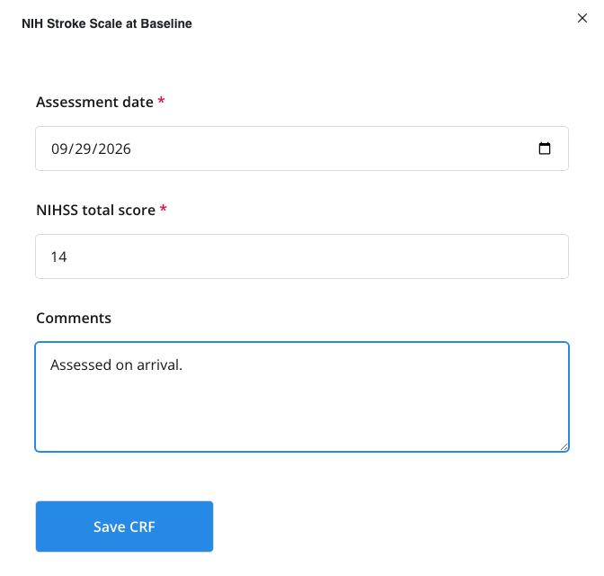 The NIH Stroke Scale at Baseline, filled in, with the Save CRF button