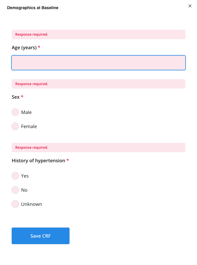 Demographics at Baseline after clicking Save CRF with nothing entered: each required question shows Response required.