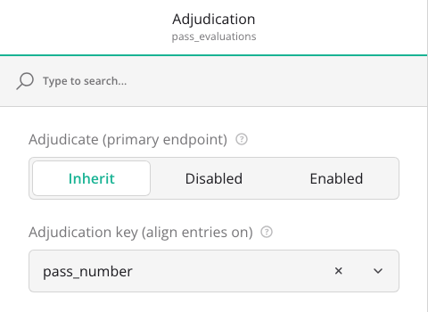 The Adjudication settings of a dynamic panel in the form designer: Adjudicate (primary endpoint) with Inherit, Disabled and Enabled options, and Adjudication key (align entries on) set to pass_number