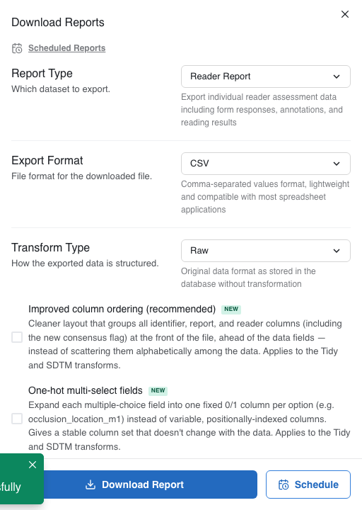The Download Reports panel, with report type, export format, and transform options