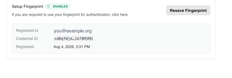 The security card after a passkey is registered, showing the account it belongs to, a short credential ID, and the registration date