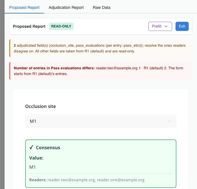 The Proposed Report for a case: 2 adjudicated fields, a warning that the number of entries in Pass evaluations differs between the two readers, and the occlusion site marked as consensus because both readers chose M1