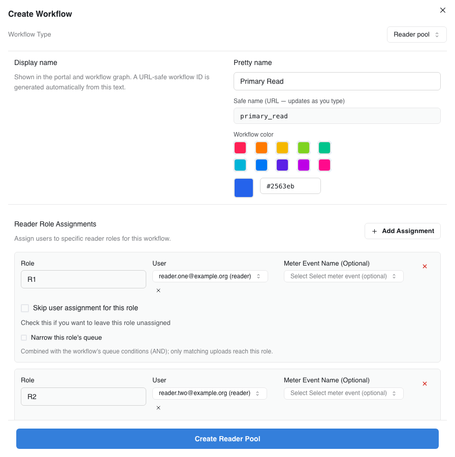 Creating a reader pool named Primary Read: the URL-safe ID primary_read is generated from the name, and two reader roles are assigned, R1 and R2, each to a different reader