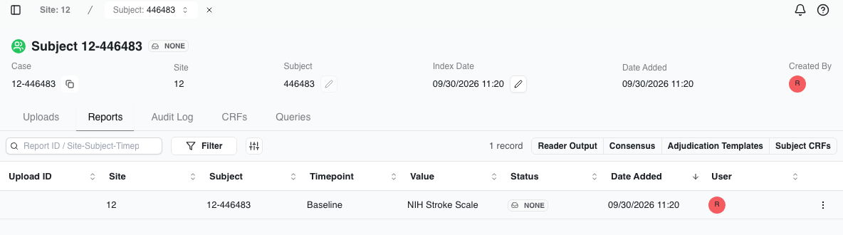 A subject's Reports tab filtered to Subject CRFs: the saved NIH Stroke Scale at Baseline, with no Upload ID