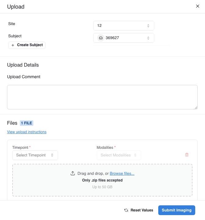 The upload drawer, with the site and subject selected